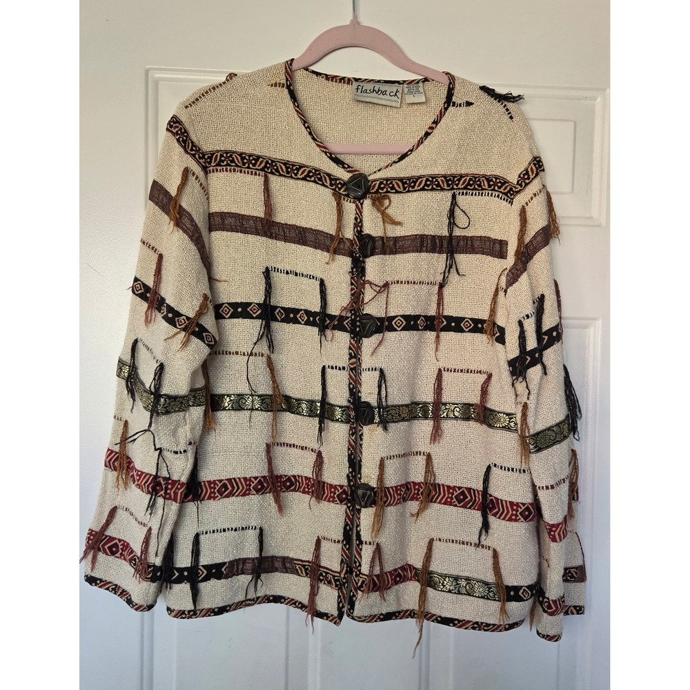 Vintage Flashback Woven Fringe Cardigan Jacket Cream Gold Metallic Boho Large